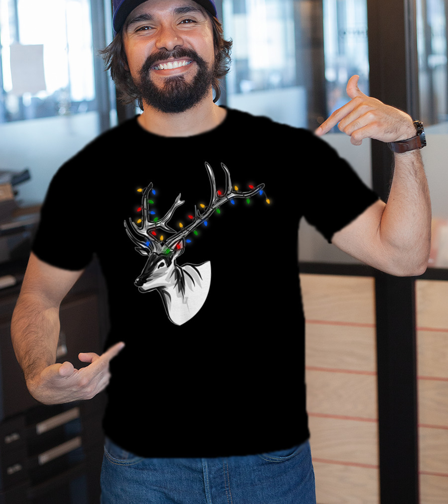 Reindeer With Colorful Christmas Lights On Antlers Funny Animal T-Shirt