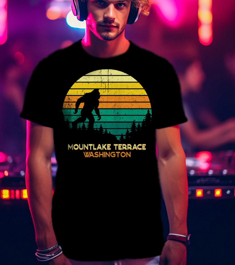 Mountlake Terrace Washington Retro Big Foot Sunset Forest Scene T-Shirt