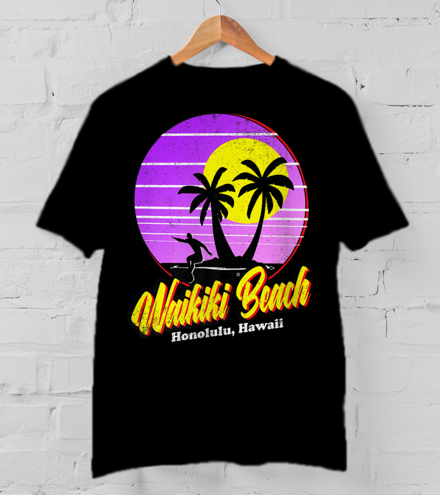 Waikiki Beach Honolulu Hawaii Retro Surfer Vintage 80's Sunset Palms T-Shirt