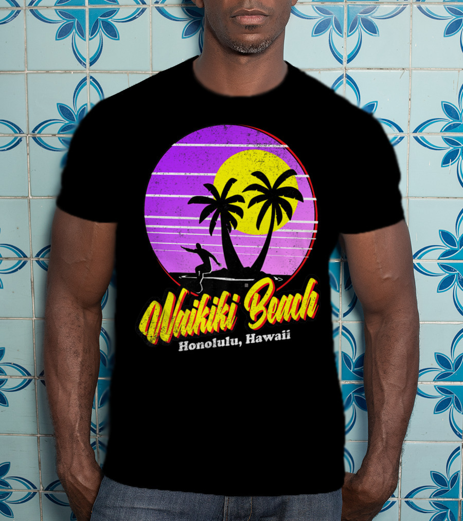 Waikiki Beach Honolulu Hawaii Retro Surfer Vintage 80's Sunset Palms T-Shirt