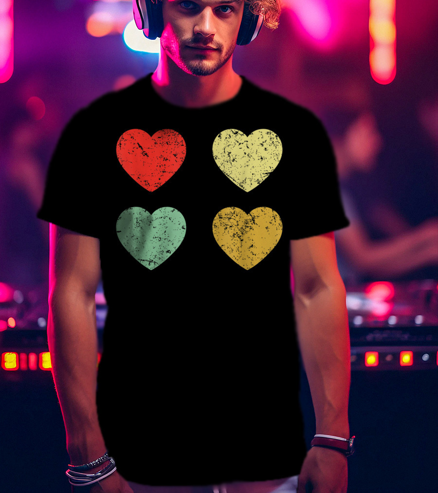 Retro Vintage Hearts Valentines Day Four Colorful Grunge Hearts T-Shirt