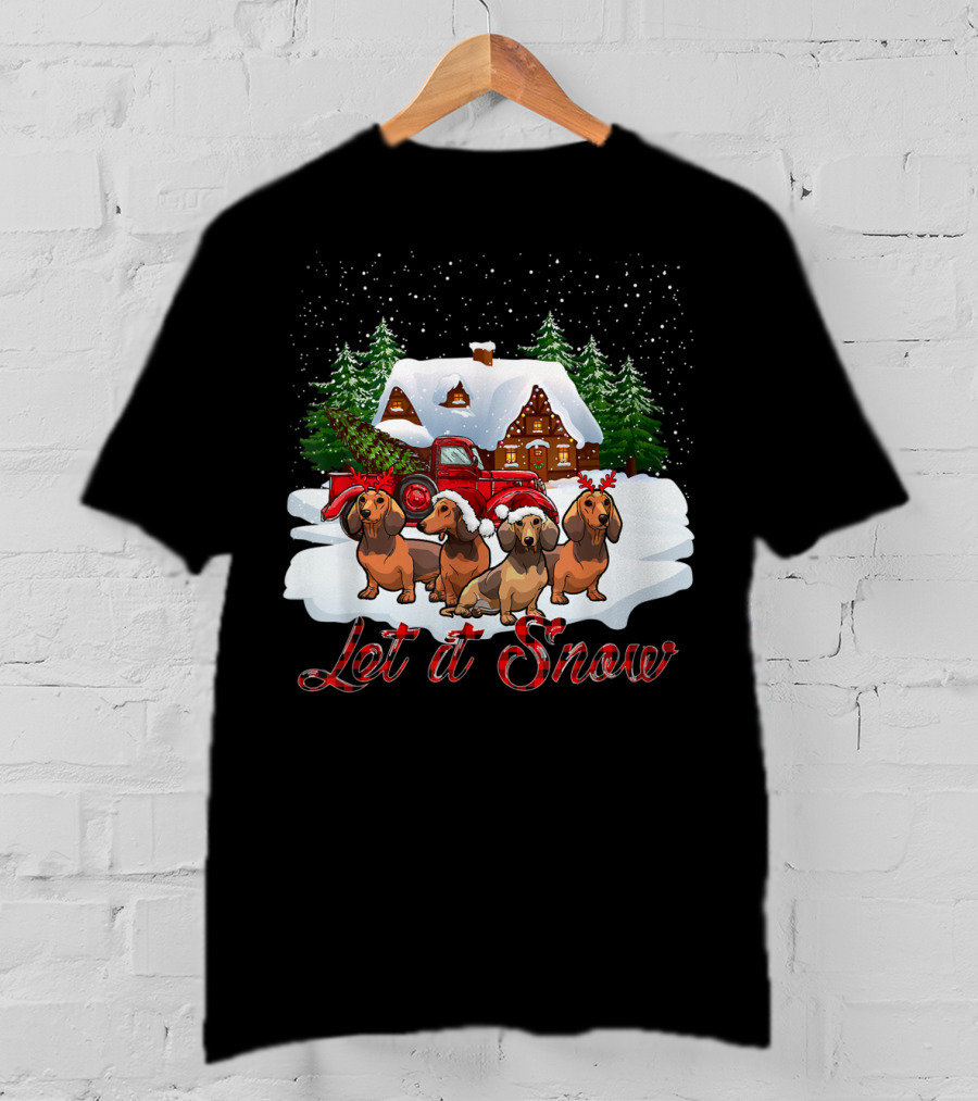 Santa Dachshund Let It Snow With Snowy Cabin And Red Truck T-Shirt