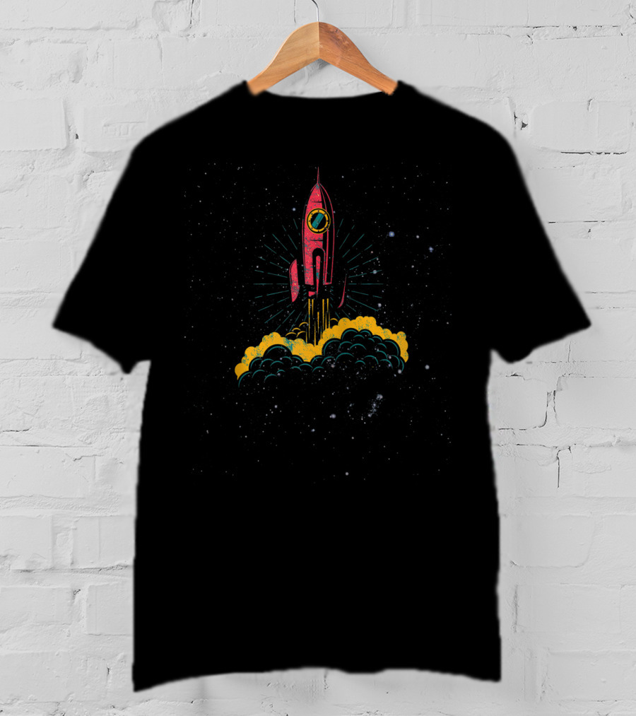 Scifi Red Rocket Launching Into Starry Night Sky With Space Adventure T-Shirt