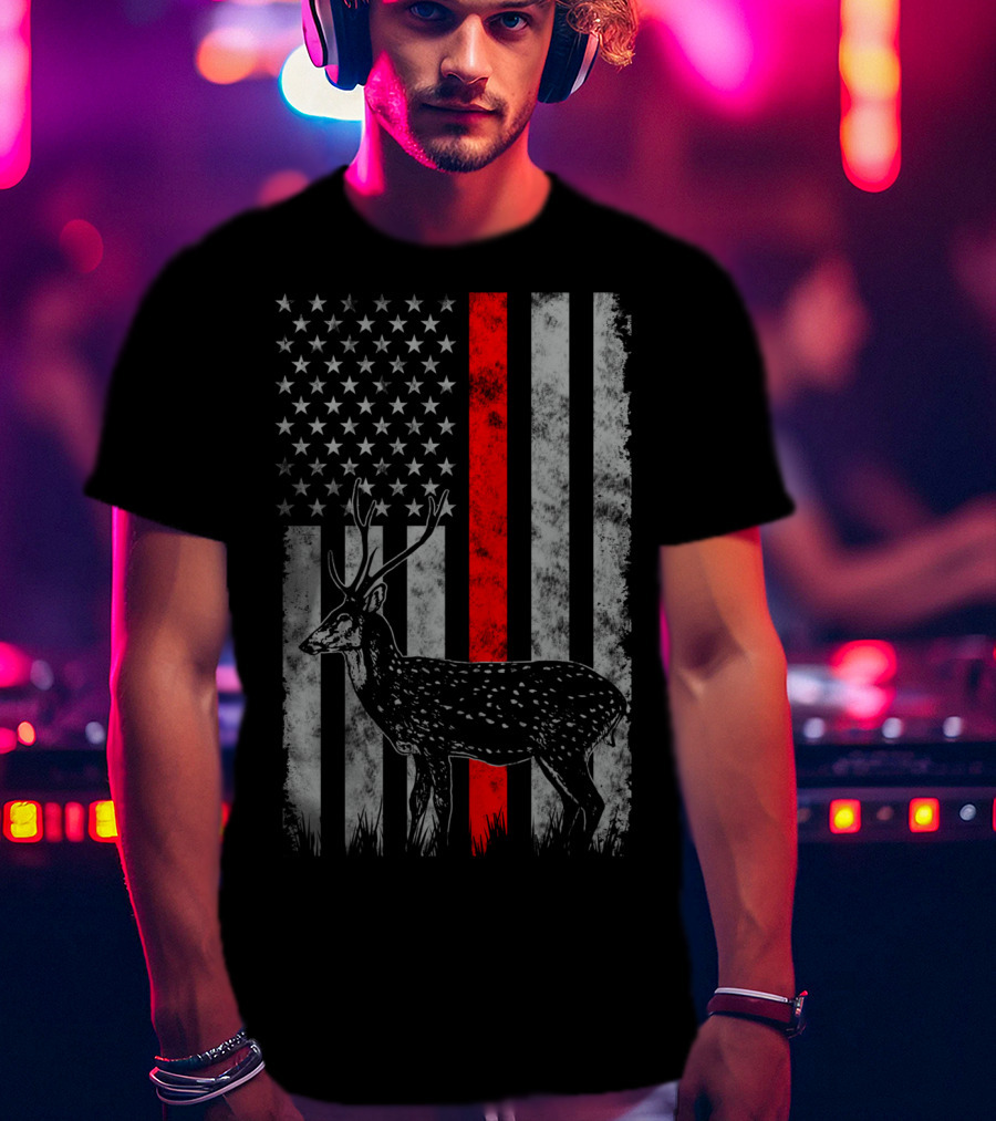 Thin Red Line Axis Deer American Flag T-Shirt