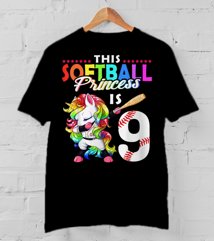 This Softball Princess Is 9 Unicorn Birthday Rainbow Bat T-Shirt