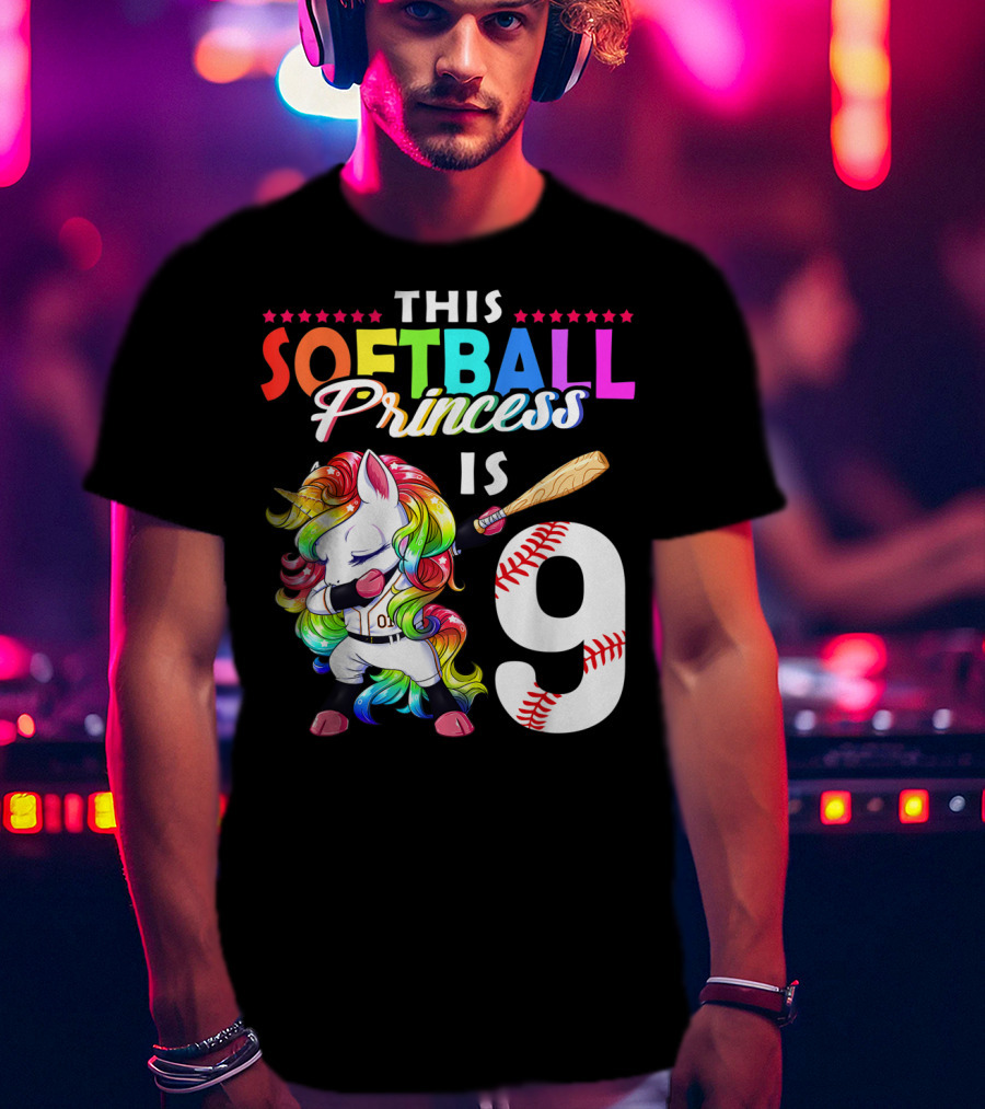 This Softball Princess Is 9 Unicorn Birthday Rainbow Bat T-Shirt