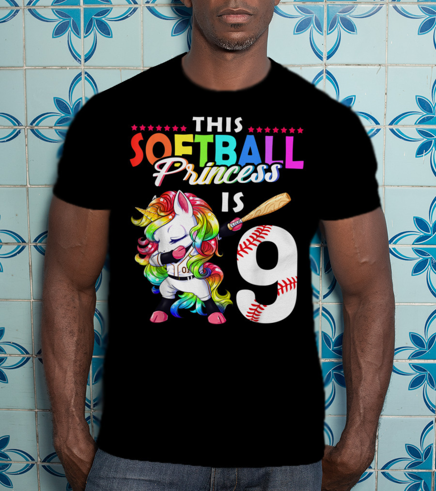 This Softball Princess Is 9 Unicorn Birthday Rainbow Bat T-Shirt