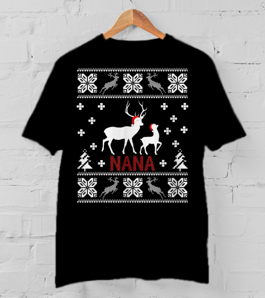Ugly Christmas Nana Santa Reindeer Pattern Snowflakes Trees T-Shirt