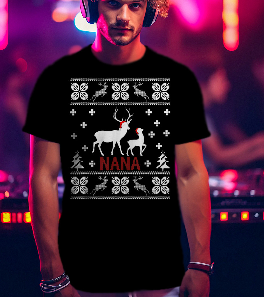 Ugly Christmas Nana Santa Reindeer Pattern Snowflakes Trees T-Shirt