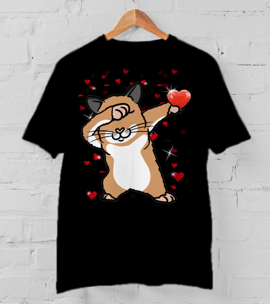 Valentine Girls Cute Dabbing Hamster With Heart And Sparkling Red Hearts T-Shirt