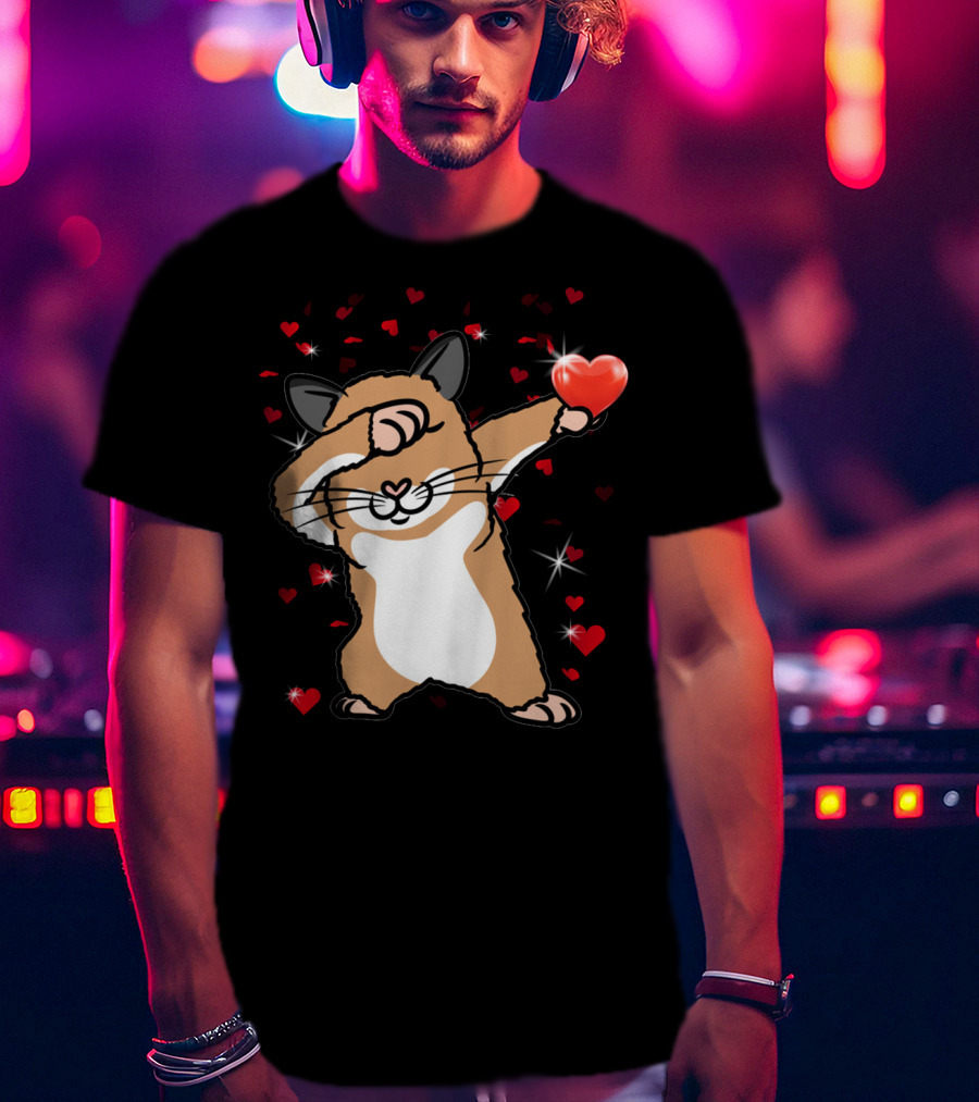 Valentine Girls Cute Dabbing Hamster With Heart And Sparkling Red Hearts T-Shirt