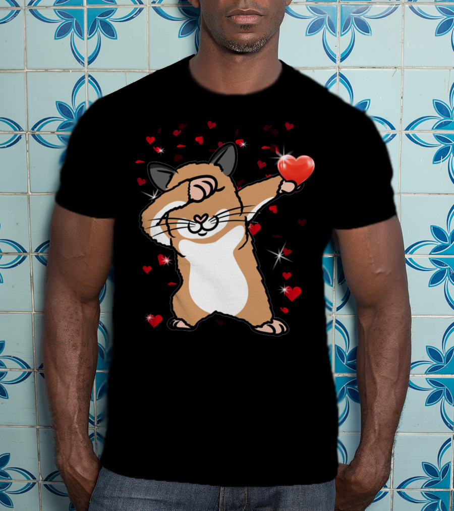 Valentine Girls Cute Dabbing Hamster With Heart And Sparkling Red Hearts T-Shirt