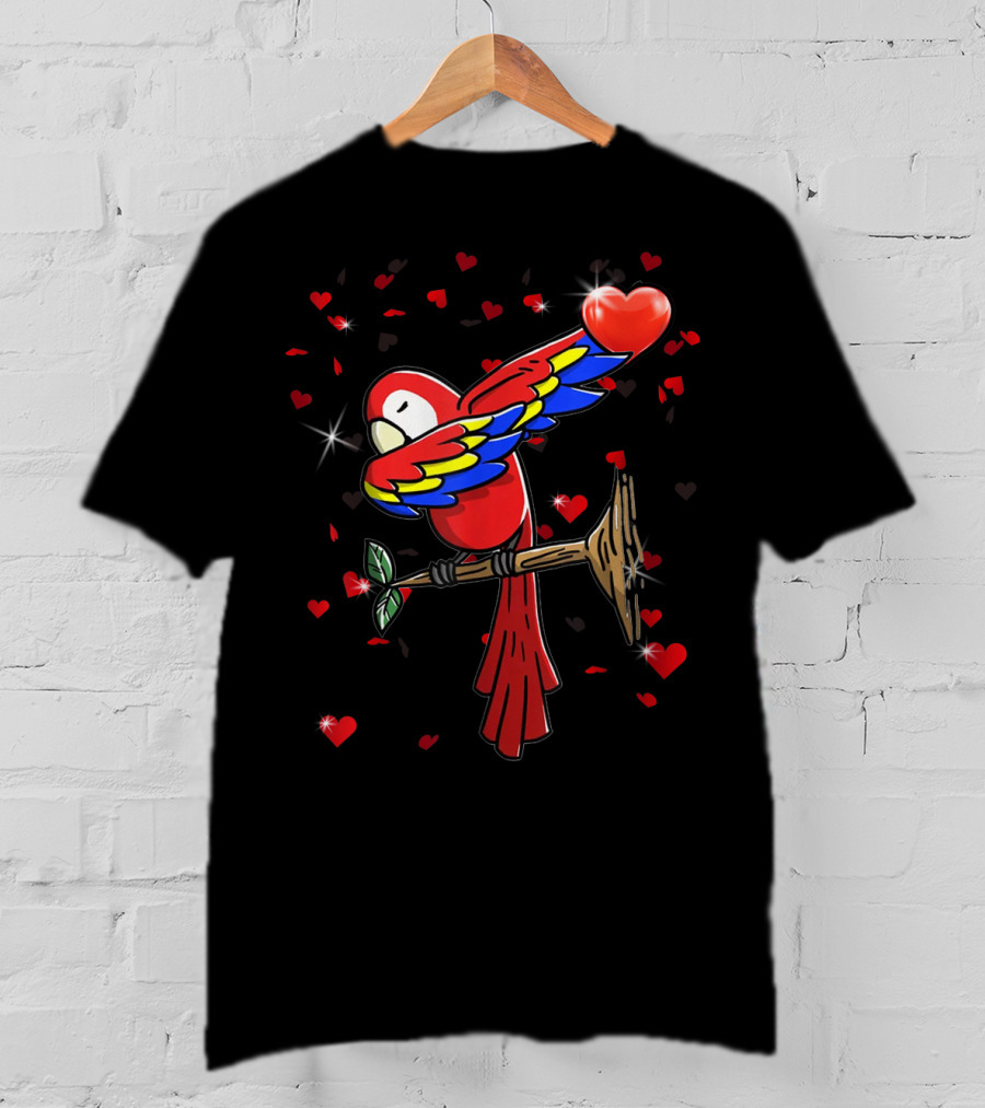 Valentine Girls Dabbing Parrot Red Heart Love T-Shirt