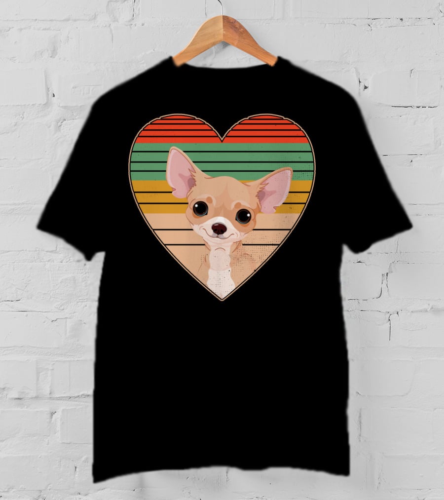 Vintage Chihuahua Heart Striped Retro Heart-Shaped T-Shirt