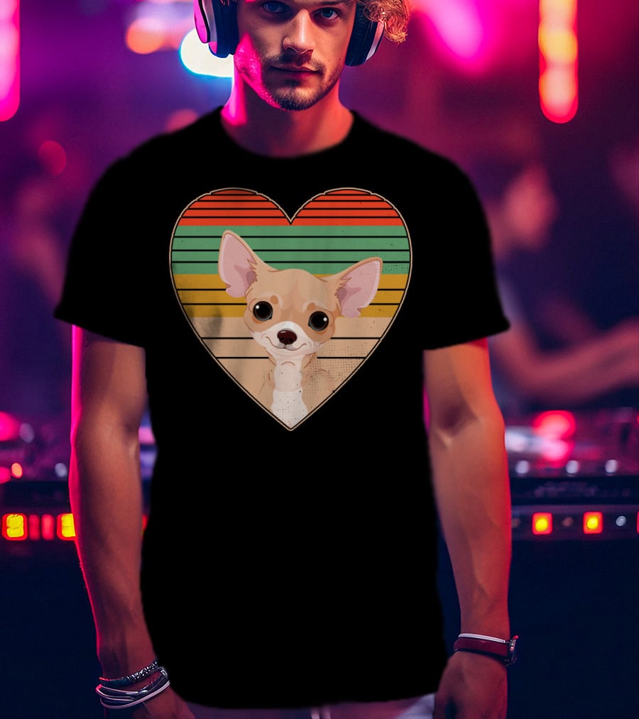 Vintage Chihuahua Heart Striped Retro Heart-Shaped T-Shirt