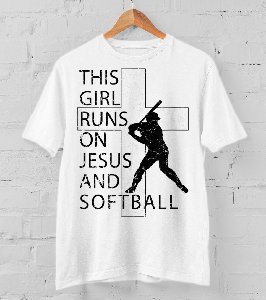 This Girl Runs On Jesus And Softball Silhouette With Cross T-Shirt
