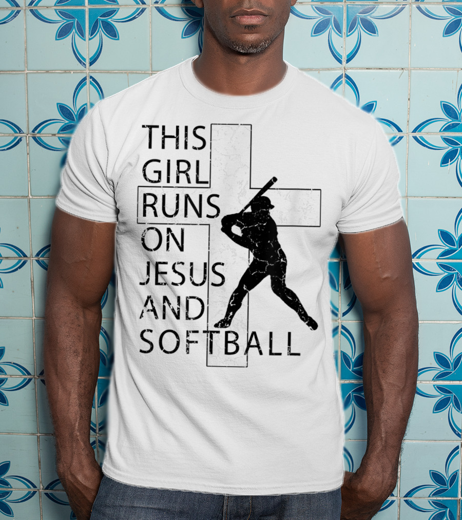 This Girl Runs On Jesus And Softball Silhouette With Cross T-Shirt