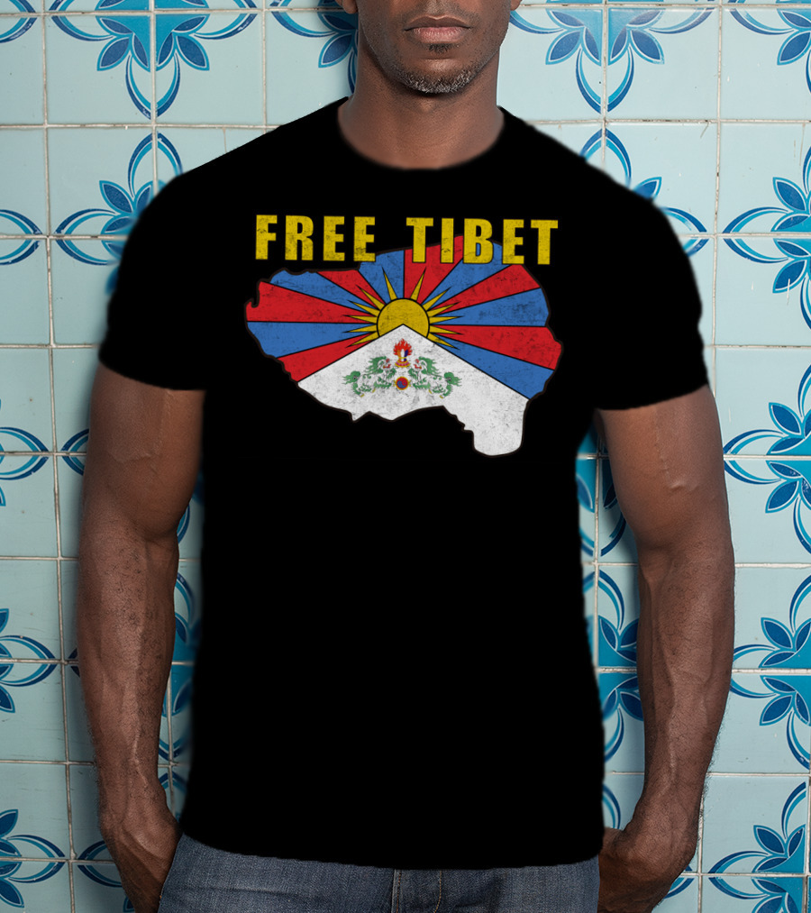 Free Tibet Flag With Sunrise Symbol Map T-Shirt
