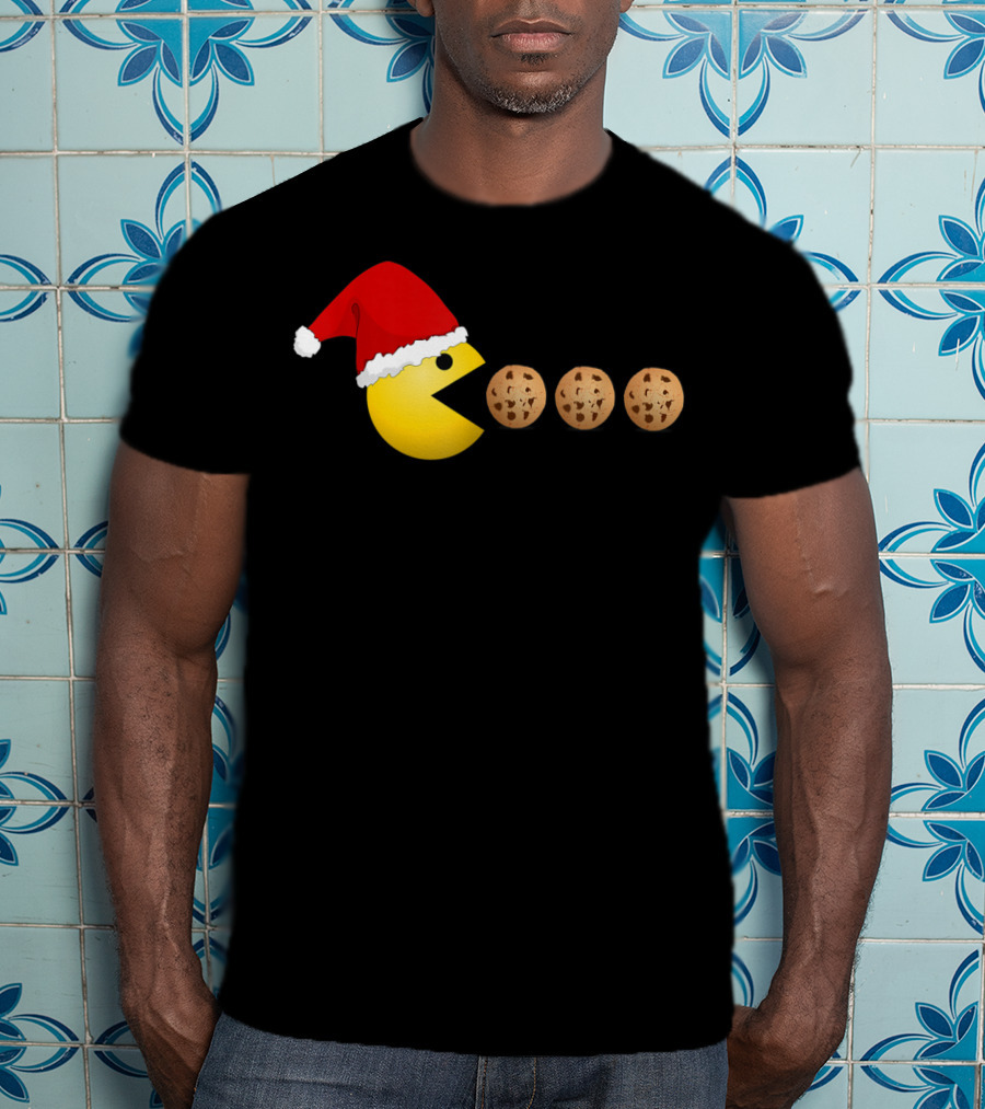 Funny Christmas Santa Pac-Man Cookies Classic Video Game T-Shirt