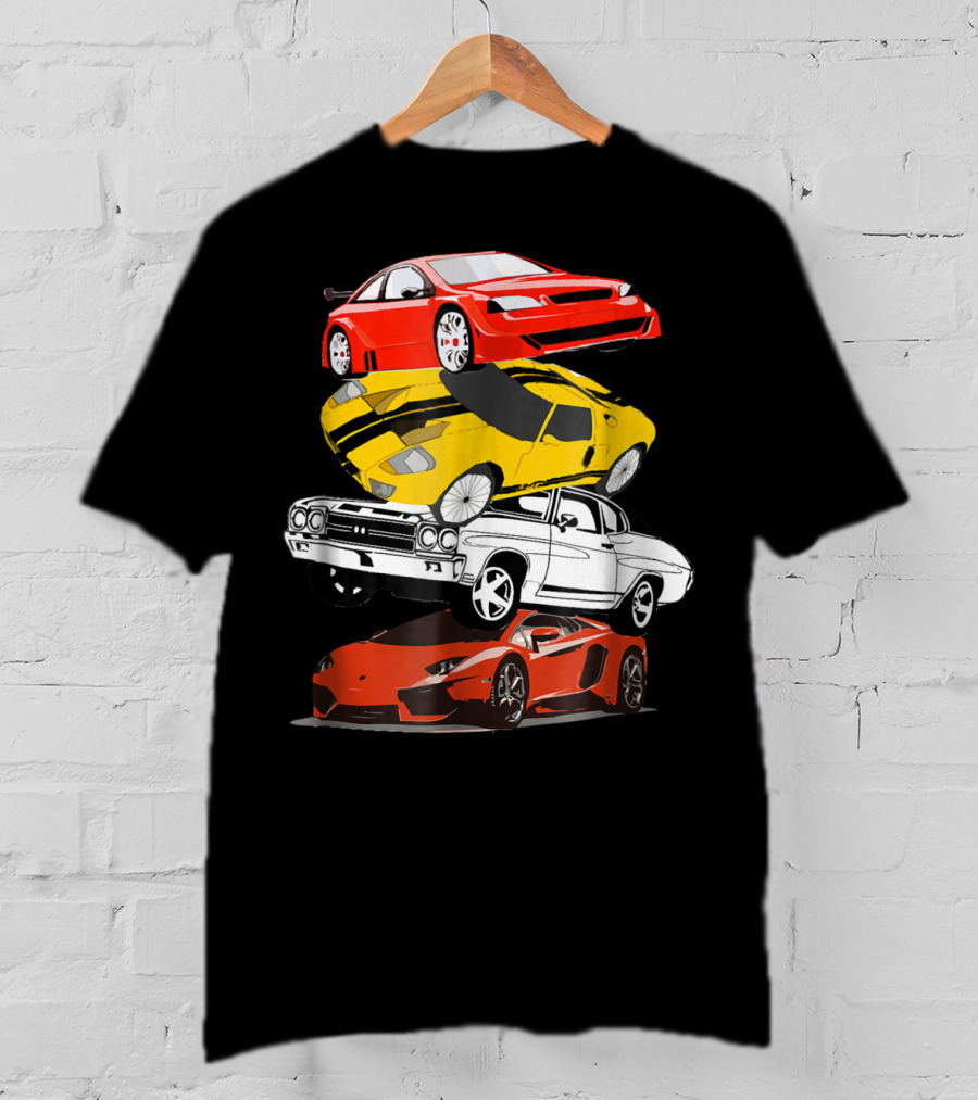 Funny Classic Cars Stacked Red Yellow Black White Racing Cars T-Shirt