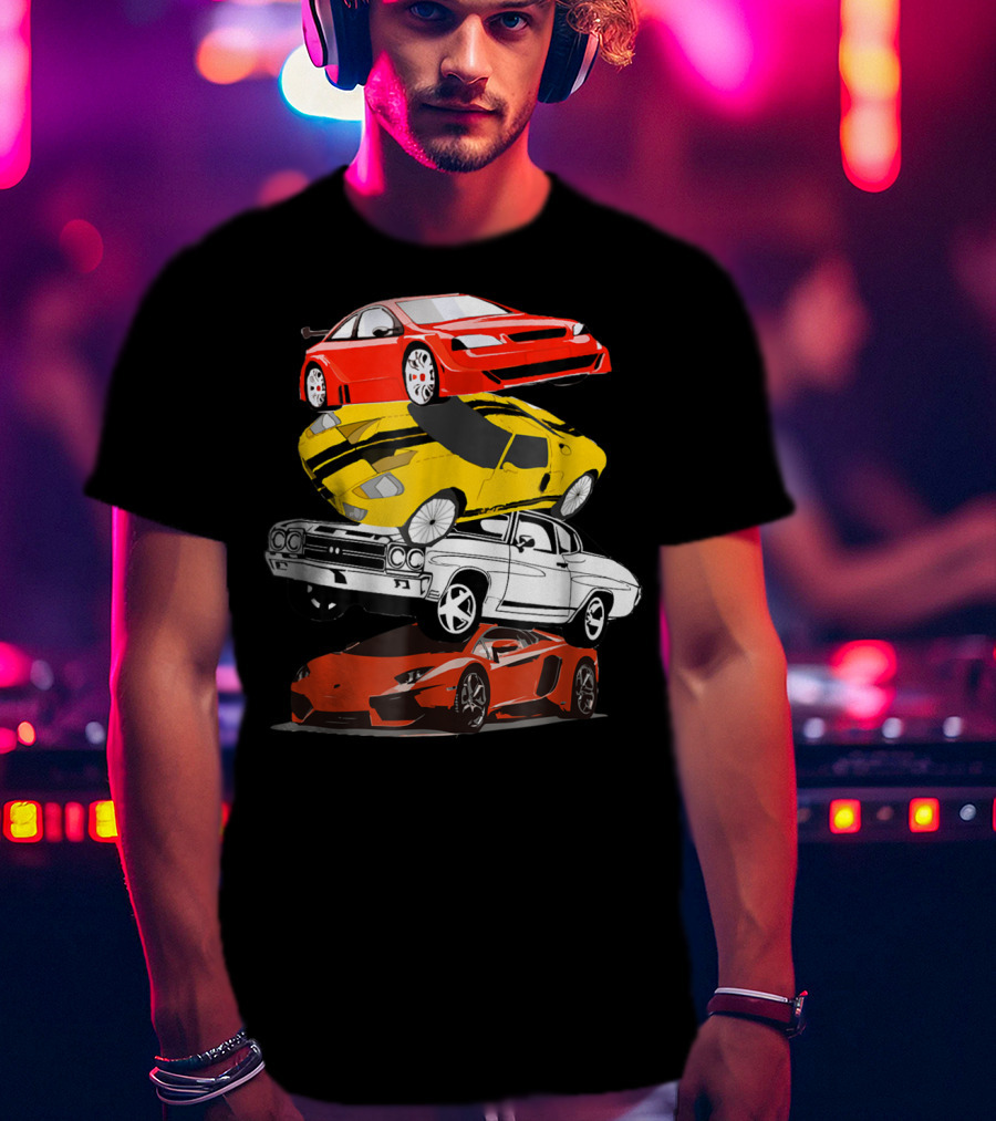 Funny Classic Cars Stacked Red Yellow Black White Racing Cars T-Shirt