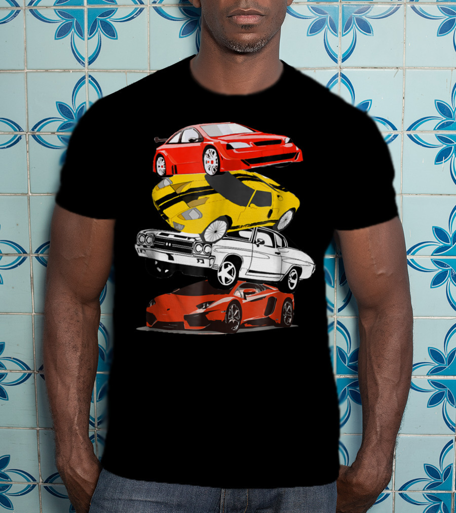 Funny Classic Cars Stacked Red Yellow Black White Racing Cars T-Shirt