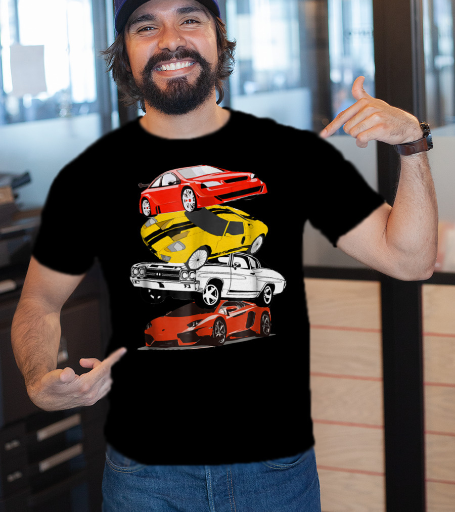 Funny Classic Cars Stacked Red Yellow Black White Racing Cars T-Shirt