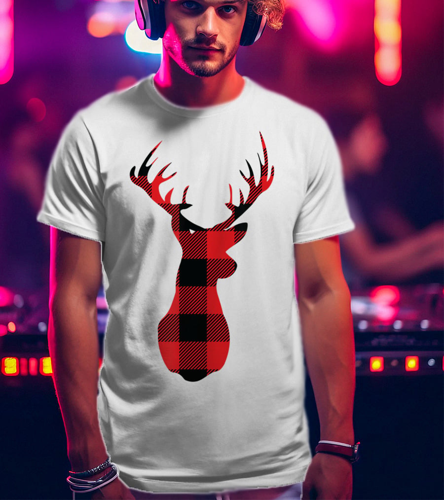 Buffalo Plaid Red Black Christmas Deer T-Shirt