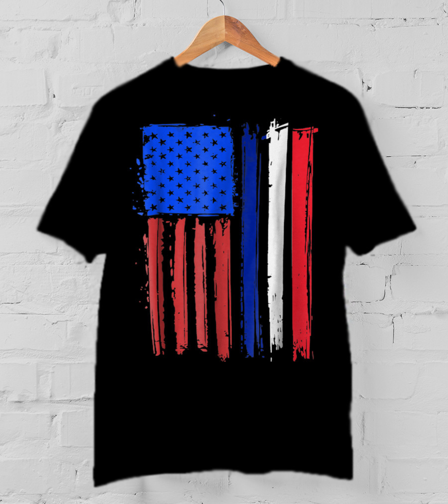 Half French American Flag Classic Patriot Stars And Stripes Paint T-Shirt