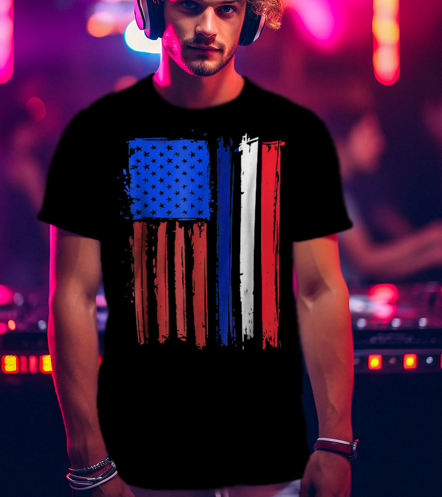 Half French American Flag Classic Patriot Stars And Stripes Paint T-Shirt