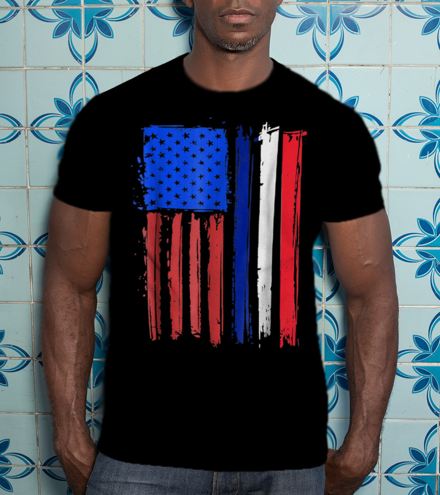 Half French American Flag Classic Patriot Stars And Stripes Paint T-Shirt