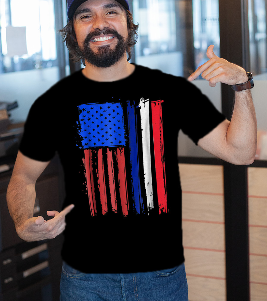 Half French American Flag Classic Patriot Stars And Stripes Paint T-Shirt