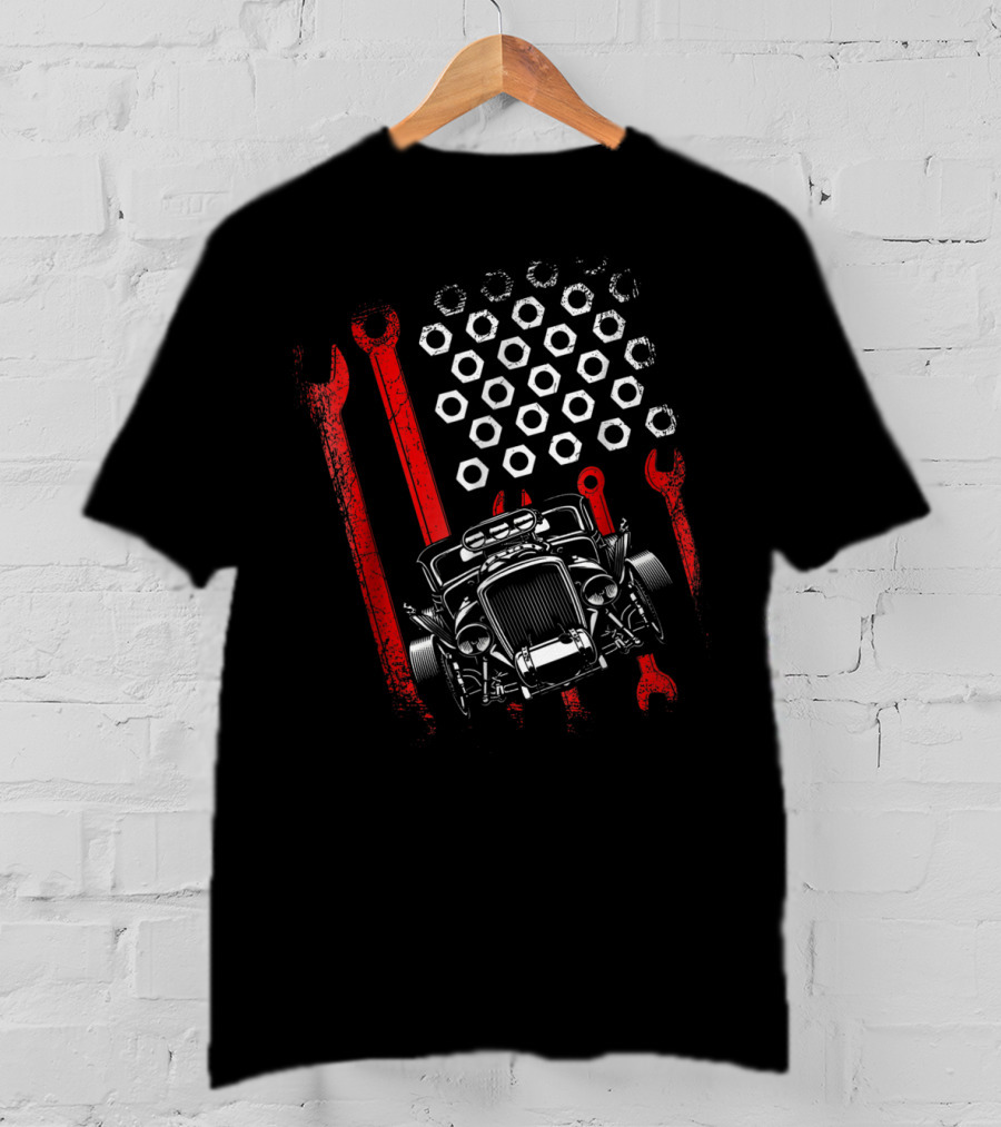 Hot Rod Life Classic Car Slammed Truck Fathers American Wrench Flag T-Shirt