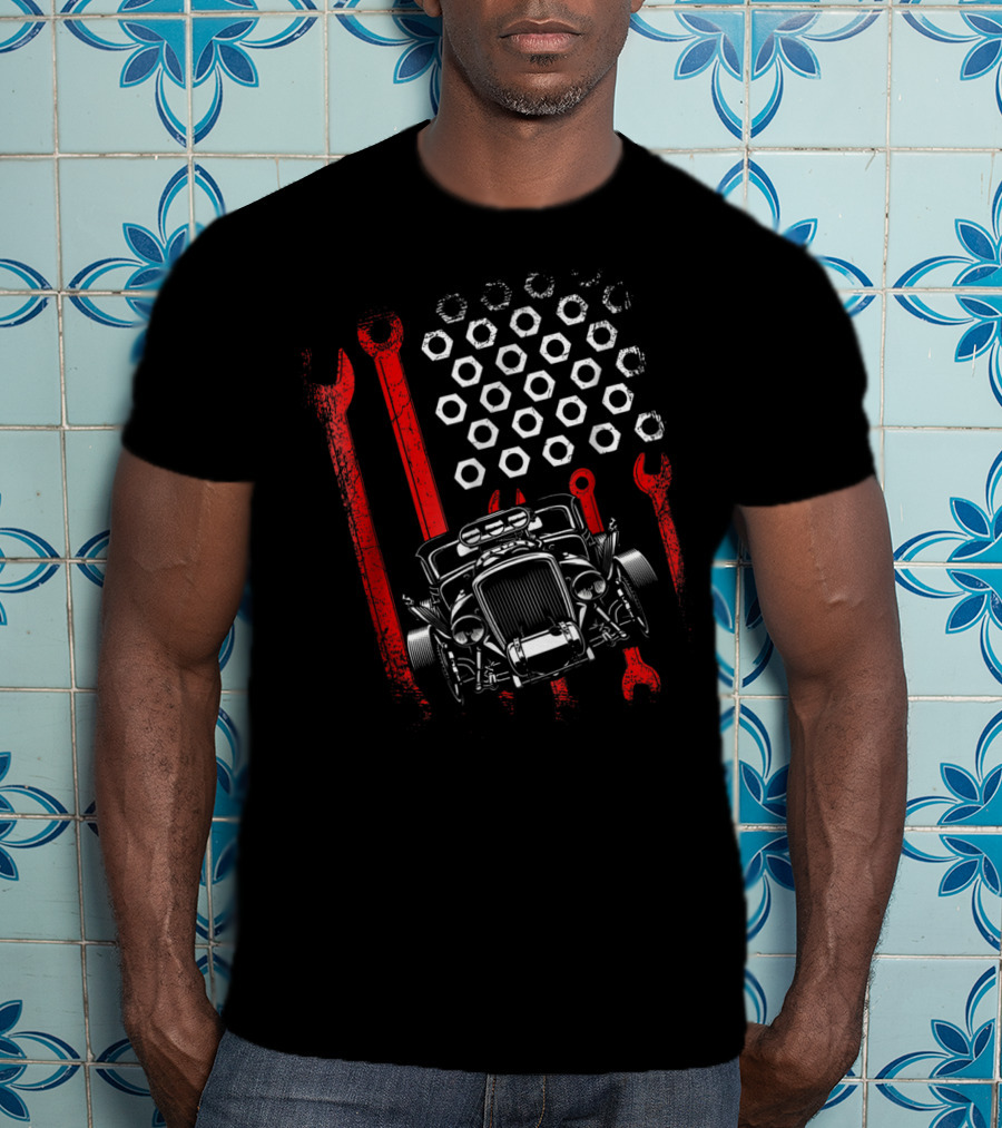 Hot Rod Life Classic Car Slammed Truck Fathers American Wrench Flag T-Shirt