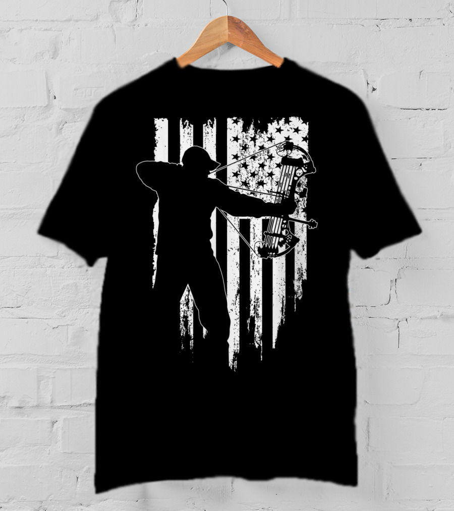 American Patriotic Archer Silhouette With Compound Bow And Flag T-Shirt