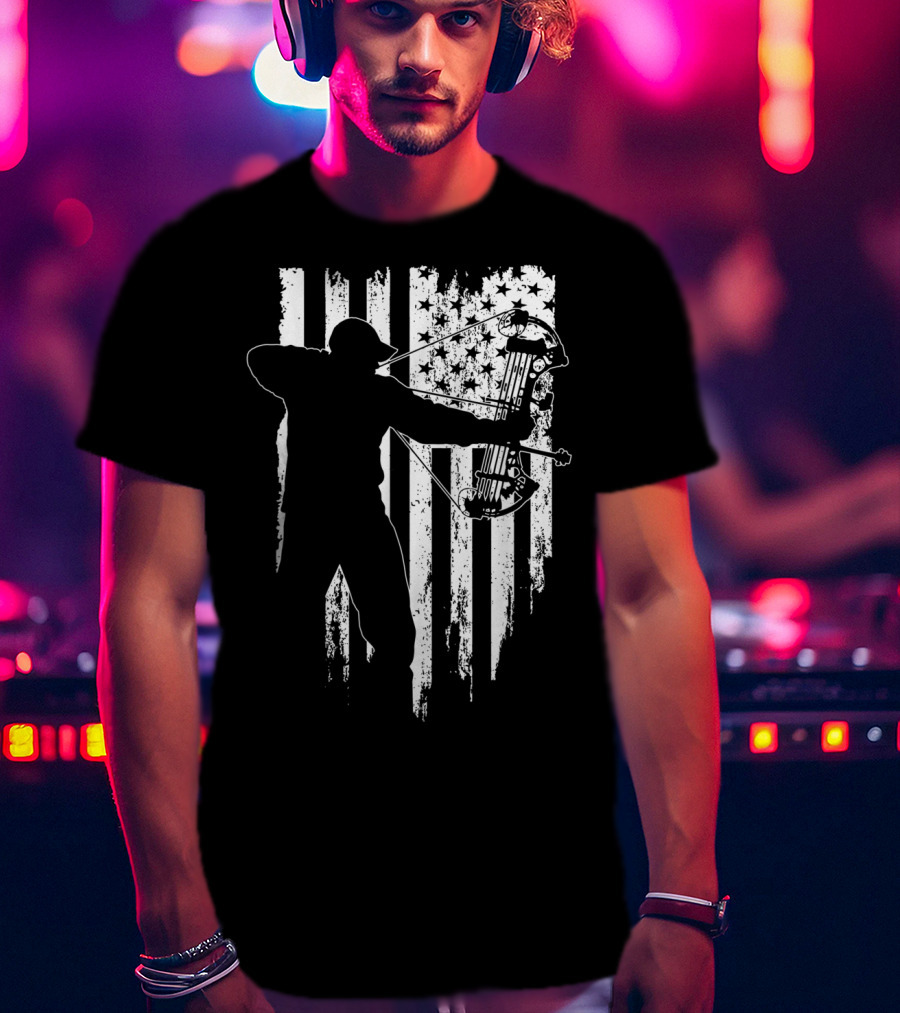 American Patriotic Archer Silhouette With Compound Bow And Flag T-Shirt