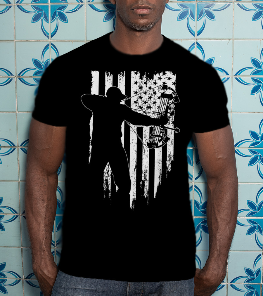 American Patriotic Archer Silhouette With Compound Bow And Flag T-Shirt