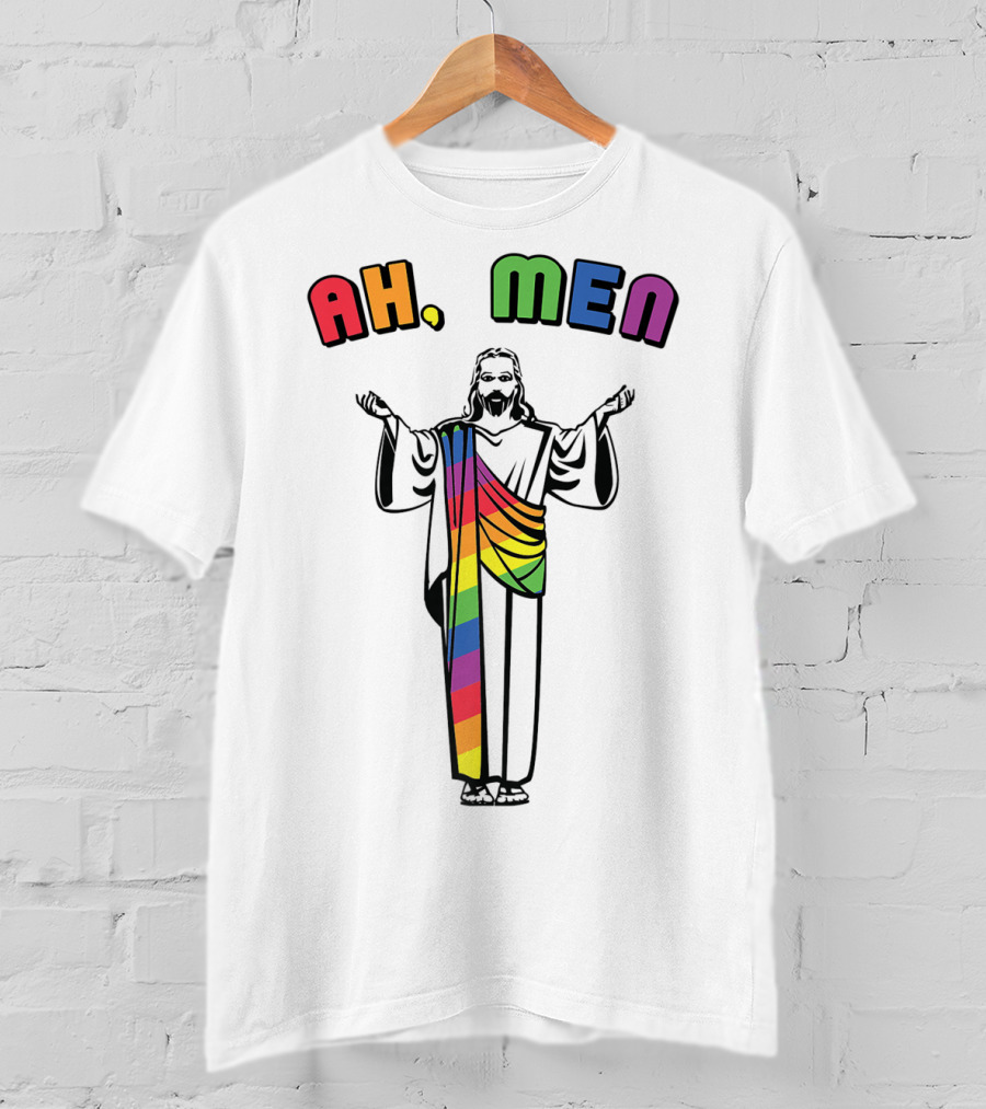 Ah Men Funny Gay Jesus Rainbow Pride T-Shirt