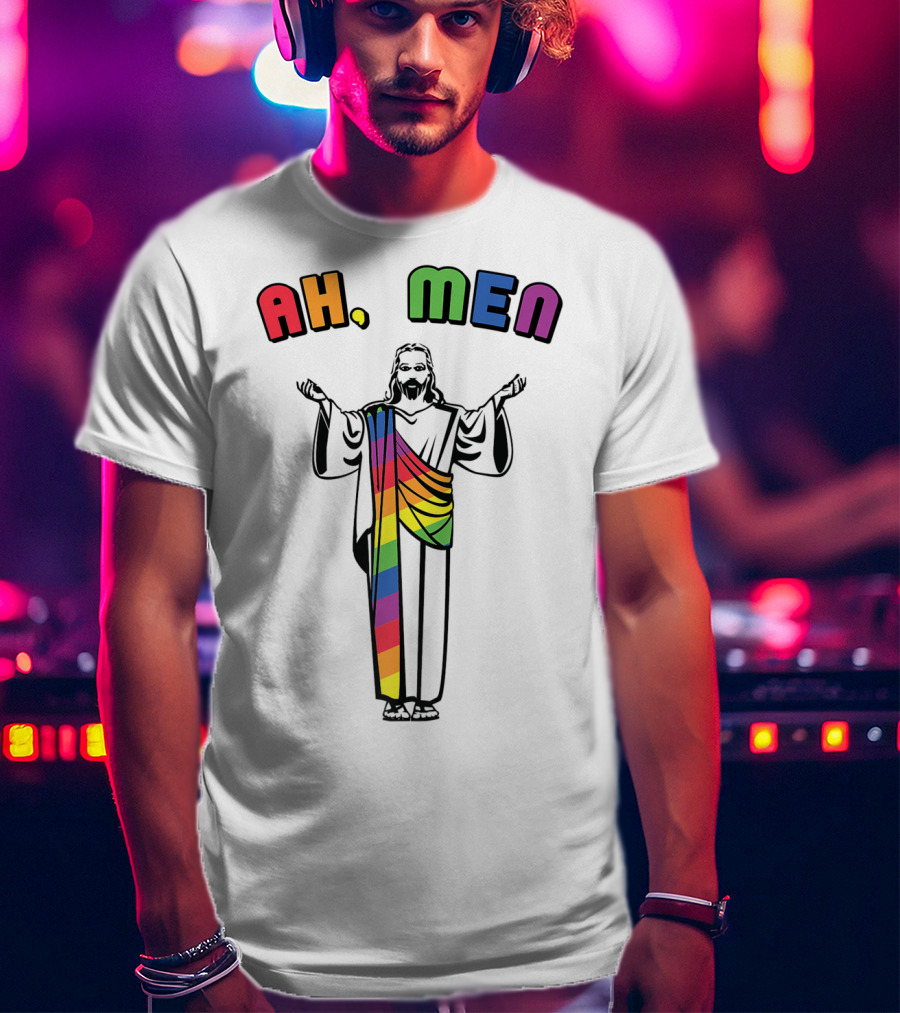 Ah Men Funny Gay Jesus Rainbow Pride T-Shirt