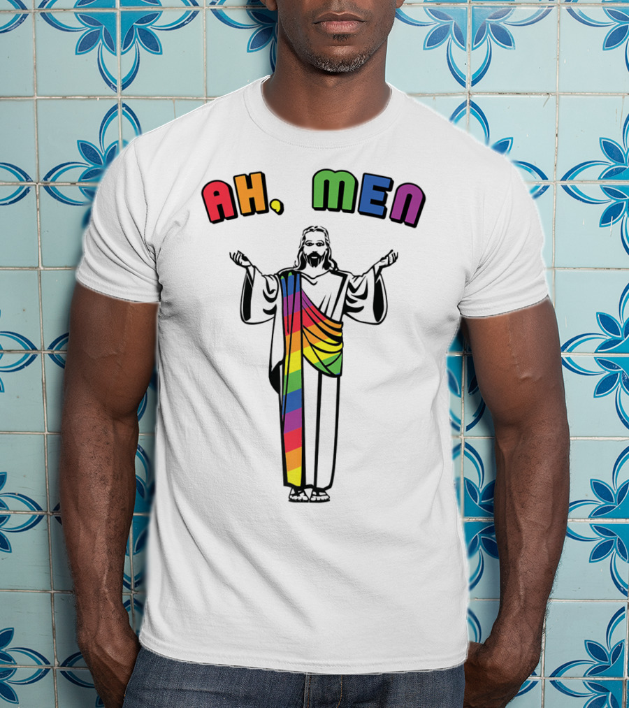 Ah Men Funny Gay Jesus Rainbow Pride T-Shirt