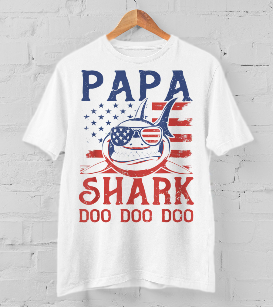 Papa Shark Doo Doo Doo American Flag Sunglasses T-Shirt