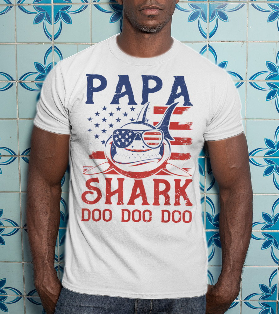 Papa Shark Doo Doo Doo American Flag Sunglasses T-Shirt