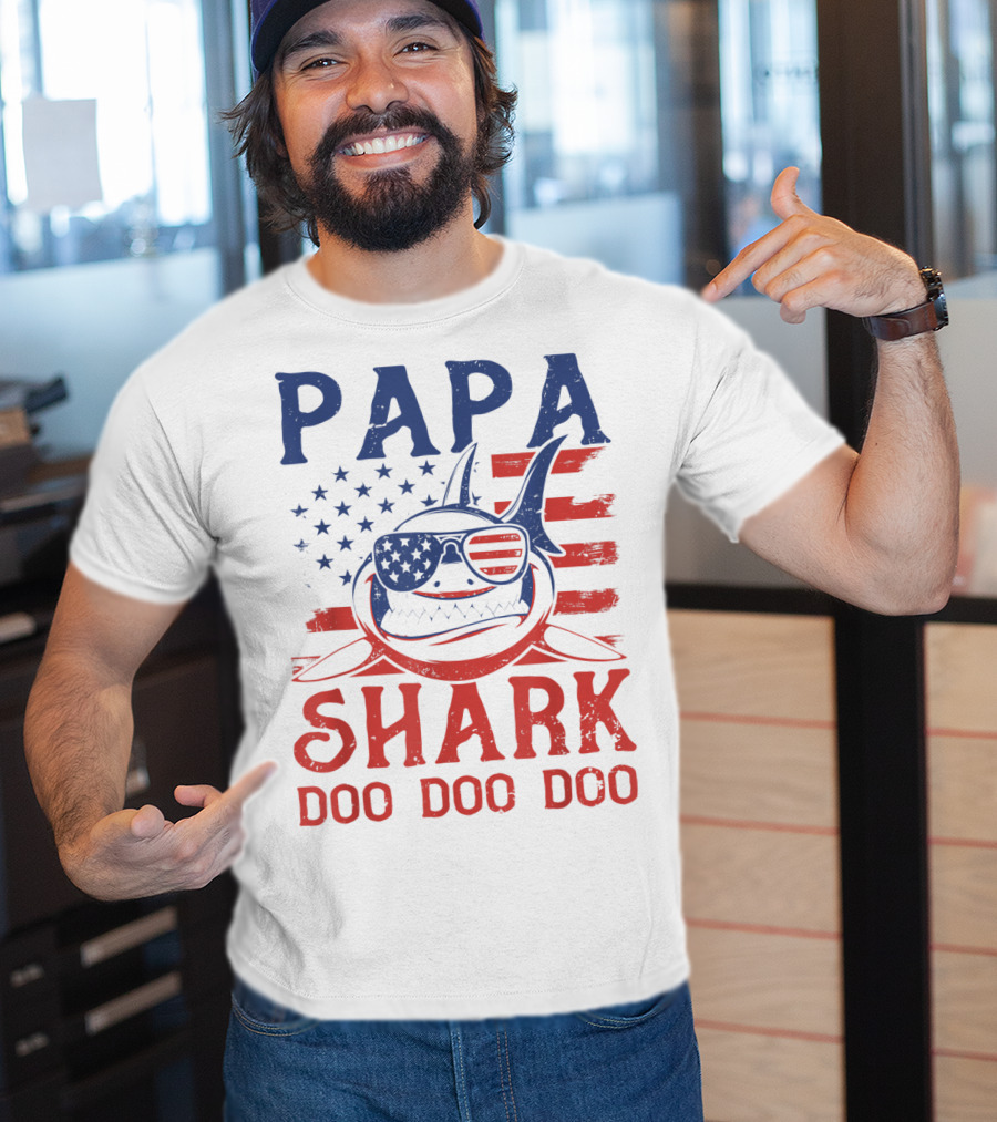 Papa Shark Doo Doo Doo American Flag Sunglasses T-Shirt