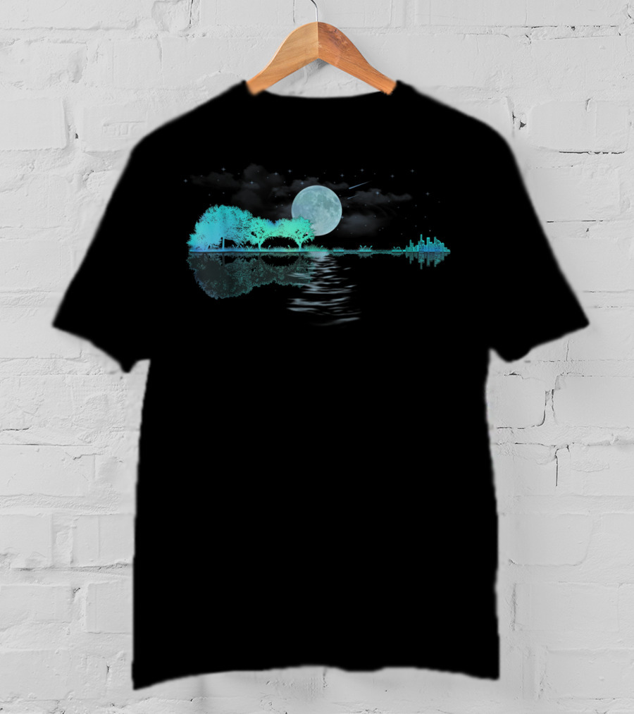 Acoustic Guitar Player Birthday Moonlit Lake Scene T-Shirt