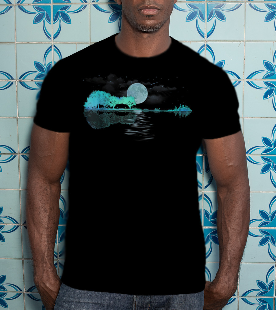 Acoustic Guitar Player Birthday Moonlit Lake Scene T-Shirt