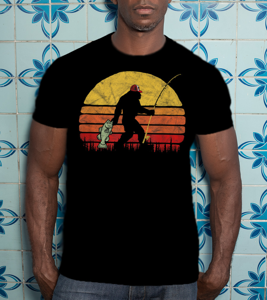 Bigfoot Bass Fishing Legend In Trucker Hat With Sunset T-Shirt