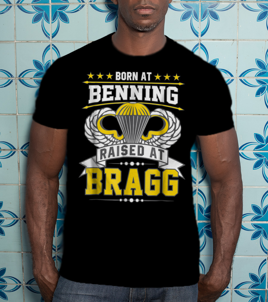 Born At Benning Raised At Bragg Airborne Paratrooper Wings T-Shirt