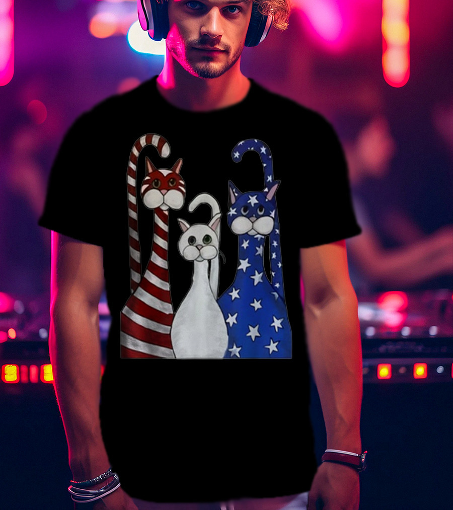 Cat American Flag USA Paws Patriotic Red White Blue Stars Stripes T-Shirt
