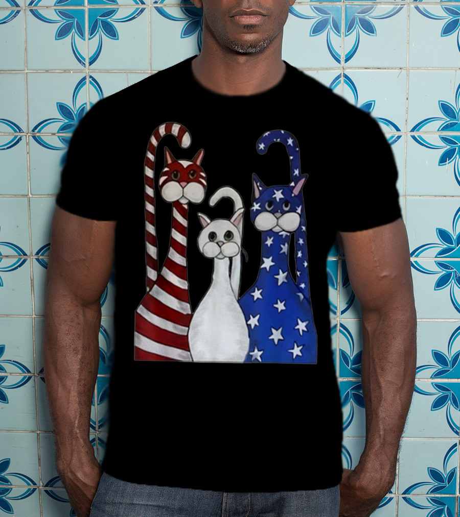 Cat American Flag USA Paws Patriotic Red White Blue Stars Stripes T-Shirt