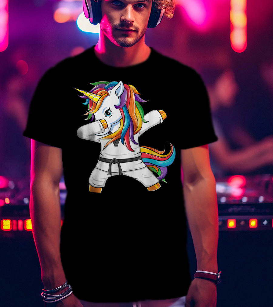 Dabbing Unicorn Karate Taekwondo Kids Girl Rainbow Martial Arts T-Shirt